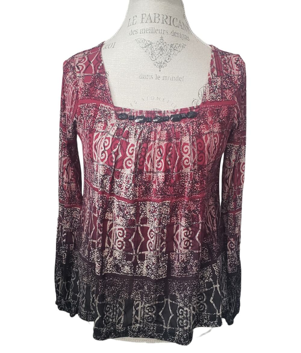 Emma James Boho Graphic Square Neckline w Rhinestones Long Sleeved Blouse Shirt